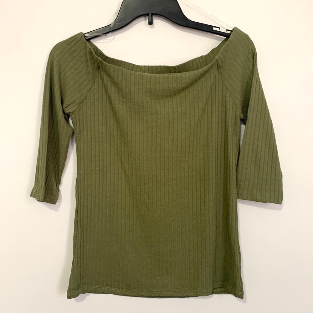Olive green ribbed off the shoulder top - Picture 6 of 7